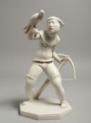 A WHITE PORCELAIN GROUP, ARCHER WITH A FALCON. Signed, M PFEFFER. 10ins high.