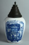 A 17TH - 18TH CENTURY TIN GLAZE DELFT BLUE AND WHITE TOBACCO JAR, DE TABAKS PLANTAGIE, with a
