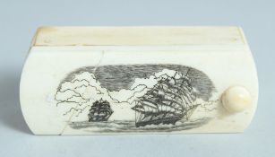 A BONE BOX with sliding top, sailing vessel and union flag. 3ins