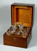 A SUPERB 19TH CENTURY ROSEWOOD CASED LIQUEUR CASE, with inscribed lid opening to reveal four