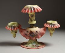 A GOOD BURMESE GLASS THREE-LIGHT CANDLESTICK painted with flowers. 7ins high.