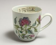 A CHAFFERS LIVERPOOL COFFEE CUP painted with Oriental style flowers in famille verte palette.
