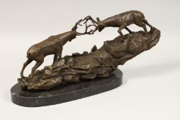 A PAIR OF BRONZE RUTTING STAGS on a rocky and marble base. 18ins long.