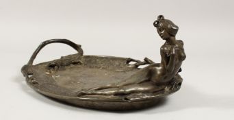 AN ART DECO OVAL DISH with a nude and a lizard. 14ins long.