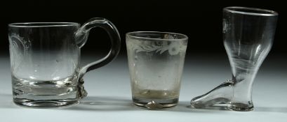 A SMALL GEORGIAN MUG engraved P R G. 2.75ins high, a BEAKER, 2.5ins high and a SHOE engraved M D.