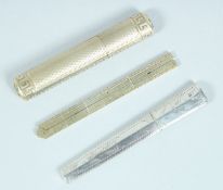 A GEORGE III SILVER GILT TOOTH PICK a snuff spoon in a case and ruler (3).