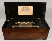 A LARGE SWISS WALNUT CASED MUSICAL BOX, CIRCA 1850, by GUSTARD, ERESBY. Playing twelve arias