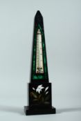 A GOOD VICTORIAN DERBYSHIRE ASHBY MARBLE OBELISK THERMOMETER inlaid with flowers and ivory dial. (