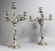 A GOOD PAIR OF ROCOCO STYLE SILVER PLATED FOUR BRANCH, FIVE-LIGHT CANDELABRAS, of naturalistic