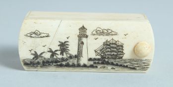 A BONE BOX with swivel top with sailing vessels and mermaids. 3ins long.