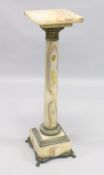 A GOOD ONYX AND BRASS SQUARE TOP COLUMN, the base on claw feet. 3ft 7ins high, top 1ft square.