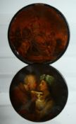 TWO VICTORIAN PAPIER MACHE CIRCULAR BOXES AND COVERS. 4ins & 3.75ins diameter.