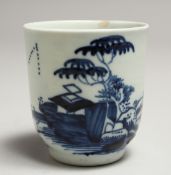 A CHAFFERS LIVERPOOL COFFEE CUP painted with Angled Bridge pattern in under glaze blue.