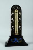A GOOD VICTORIAN DERBYSHIRE ASHBY MARBLE THERMOMETER inlaid with flowers with ivory dial (