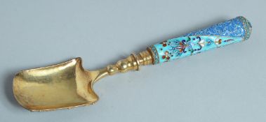 A GOOD RUSSIAN SILVER GILT AND ENAMEL SPOON. Mark: Head & 84.
