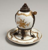 A 19TH CENTURY SEVRES PORCELAIN AND ORMOLU EGG SHAPED STAND. 4.5ins diameter.
