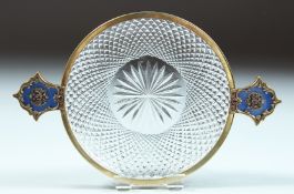 A SUPERB RUSSIAN SILVER ENAMEL CRYSTAL KOVSCH, set with diamonds. 12cm diameter in a Faberge box.