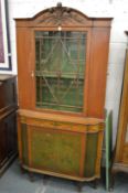 A GOOD SHERATON REVIVAL INLAID AND DECORATIVELY PAINTED SATINWOOD CABINET with a single glazed