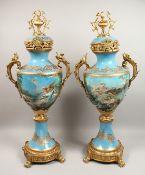 A LARGE PAIR OF SEVRES STYLE PORCELAIN VASES AND STANDS with classical scenes with ormolu mounts