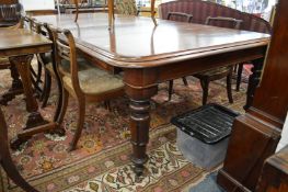 A GOOD 19TH CENTURY MAHOGANY EXTENDING DINING TABLE with two leaves on turned and carved supports.