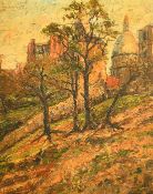 20th Century French School, a view towards Montmartre through trees, oil on board, 16
