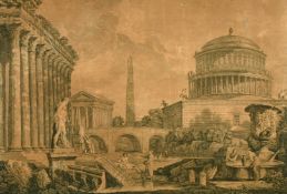 Muller after Panini, figures amongst classical buildings, probably 18th Century, 14.5