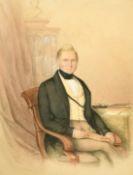 A portrait of a seated gentleman holding a book, next to a table with books, a letter and ink