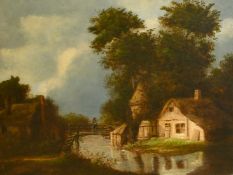 19th Century English School, Figure on a bridge by cottages, oil on canvas, 13