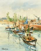 E. Bellan, fishing boats moored off a quay at Honfleur, oil on canvas, signed, 18