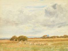 Claude Hayes (1852-1922) British, A shepherd with a flock of sheep grazing in an open landscape,