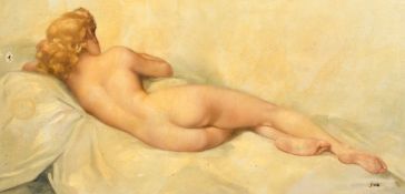 Jiva, 20th Century, a resting female nude, oil on canvas, signed, 15.75