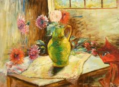 A. page, still life of flowers in a jug, oil on board, signed, 15