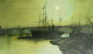 After Louis Grimshaw, shipping moored at moonlight, oil on canvas, bears signature, 18