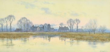 R. Winter, A view across the water to a hamlet of houses and a church, watercolour, signed and dated