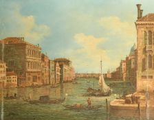 20th Century School, gondolas crossing on a Venetian canal, oil on panel, indistinctly signed, 15.