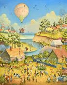 Dina Eltseva (b. 1965), a balloon flying above a fantastical town, oil on canvas, signed, 16