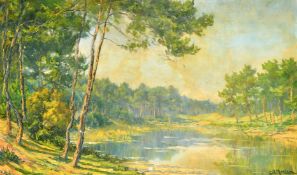Moreau, a treelined lake landscape, oil on canvas, signed, 23.75