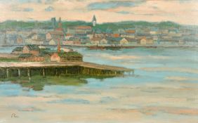 C. Ravel, 20th Century, an extensive view of house along the water's edge and buildings by a