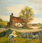 Pamela Coward (20th Century) A young child wearing a big hat picking flowers with a dwelling beyond,