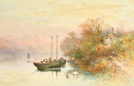 J. Dingle, A river landscape with children in moored boats fishing with swans on the water,