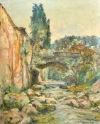 A. Romand, a rocky river landscape, oil on panel, signed, 23.75