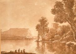 Circle of Claude Lorrain, Figures at the edge of a lake with a tower beyond, sepia watercolour, 5