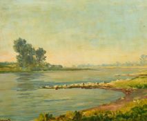 20th Century French school, a lake side scene, oil on board, indistinctly signed, 15.75