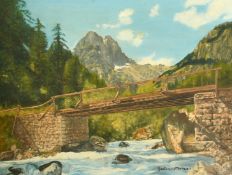 Gaston Moreau, bridge over an alpine river, oil on canvas, signed, 18