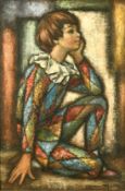 Manzone, study of a kneeling child in a harlequin outfit, oil on canvas, signed, 28.75