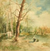 Giuseppe Pogna (1845-1907), figures and an angler by a tree-lined lake, watercolour, signed, 9.5