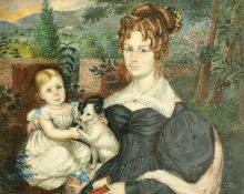 19th Century portrait miniature on ivory, a mother with child and dog in a garden setting, 3.75