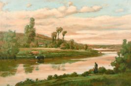 C. Ravel (Late 20th Century) A river landscape with cows and figures on the opposite bank and a pink