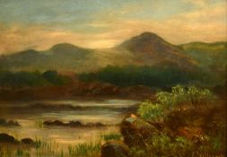 Williams (19th Century) A quiet river landscape with mountains beyond, oil on canvas, signed, 10