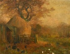 Walter Emsley (1860-1938) British, A farmyard scene with chickens outside a shed near to a large